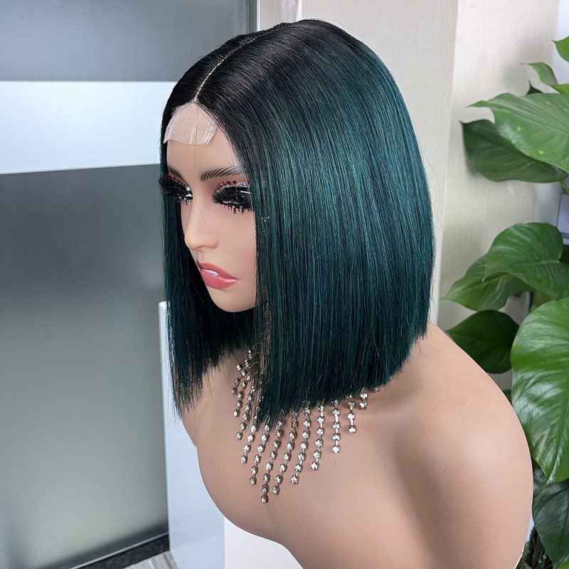 2x6 #1b/Green Colored Straight BOB Lace Closure Virgin Human Hair Wig - 图片 3